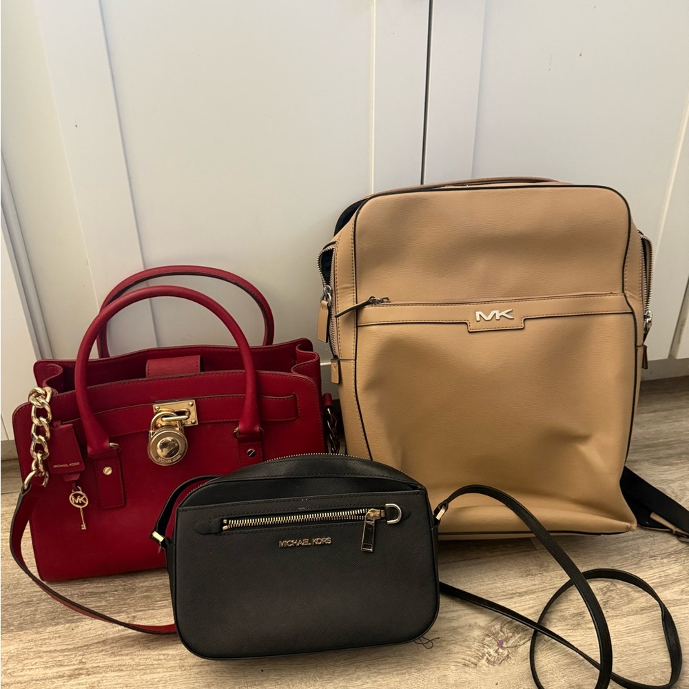 Bundle Michael Kors Tan Backpack with Red Tote and Black Crossbody
